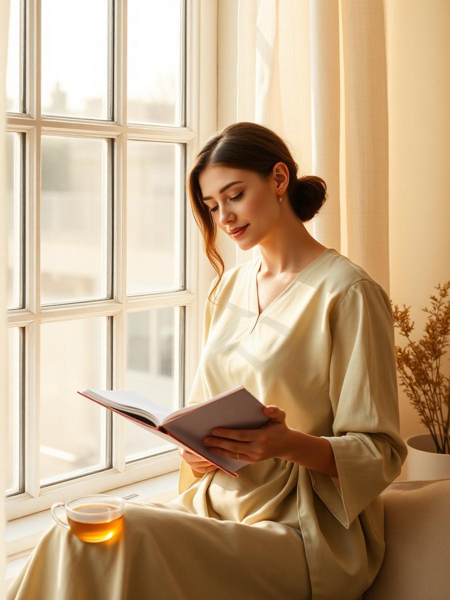A woman journaling gently by a warm window